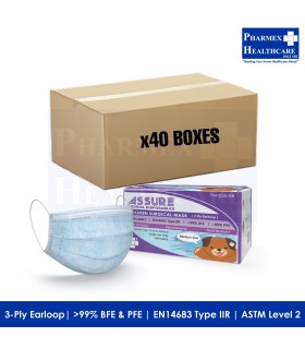 ASSURE Surgical Mask for Child (3-Ply Earloop, Medium, 50 Pcs/Box) 40 Boxes/Carton - disposable surgical face mask