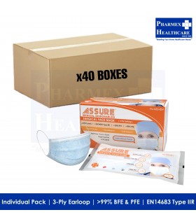 ASSURE Surgical Mask Individual Pack (3-Ply Earloop, Disposable, 50 Pcs/Box) 40Boxes/Carton