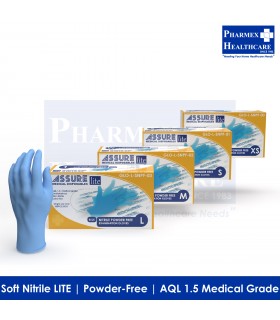 ASSURE Blue Soft Nitrile LITE Powder-Free gloves, 100 Pcs/Box - Available in 4 sizes (XS, S, M & L) Singapore Brand