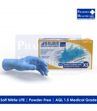ASSURE Blue Soft Nitrile LITE Powder-Free gloves, 100 Pcs/Box - size XS Singapore Brand