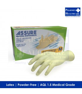 ASSURE Latex Powder-Free Gloves, 100 Pcs/Box - Size M (Singapore Brand)