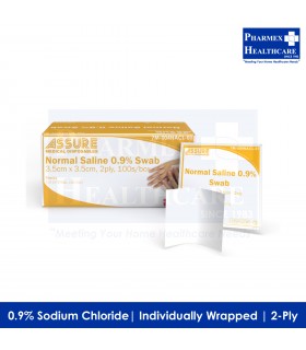 ASSURE Normal Saline 0.9% Swab (3.5cm x 3.5cm, 2-Ply, 100Pcs/Box) - Singapore brand