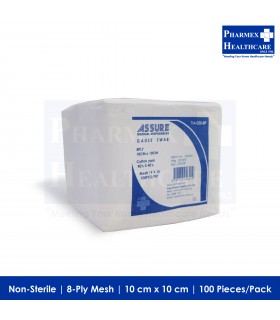 ASSURE Non-Sterile Gauze, 10cm x 10cm, 8-Ply Mesh, 100 Pcs/Pkt (Singapore Brand)