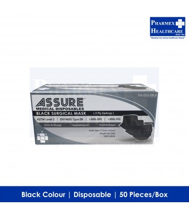 ASSURE Black Surgical Face Mask (3-Ply Earloop, Disposable, 50Pcs/Box)