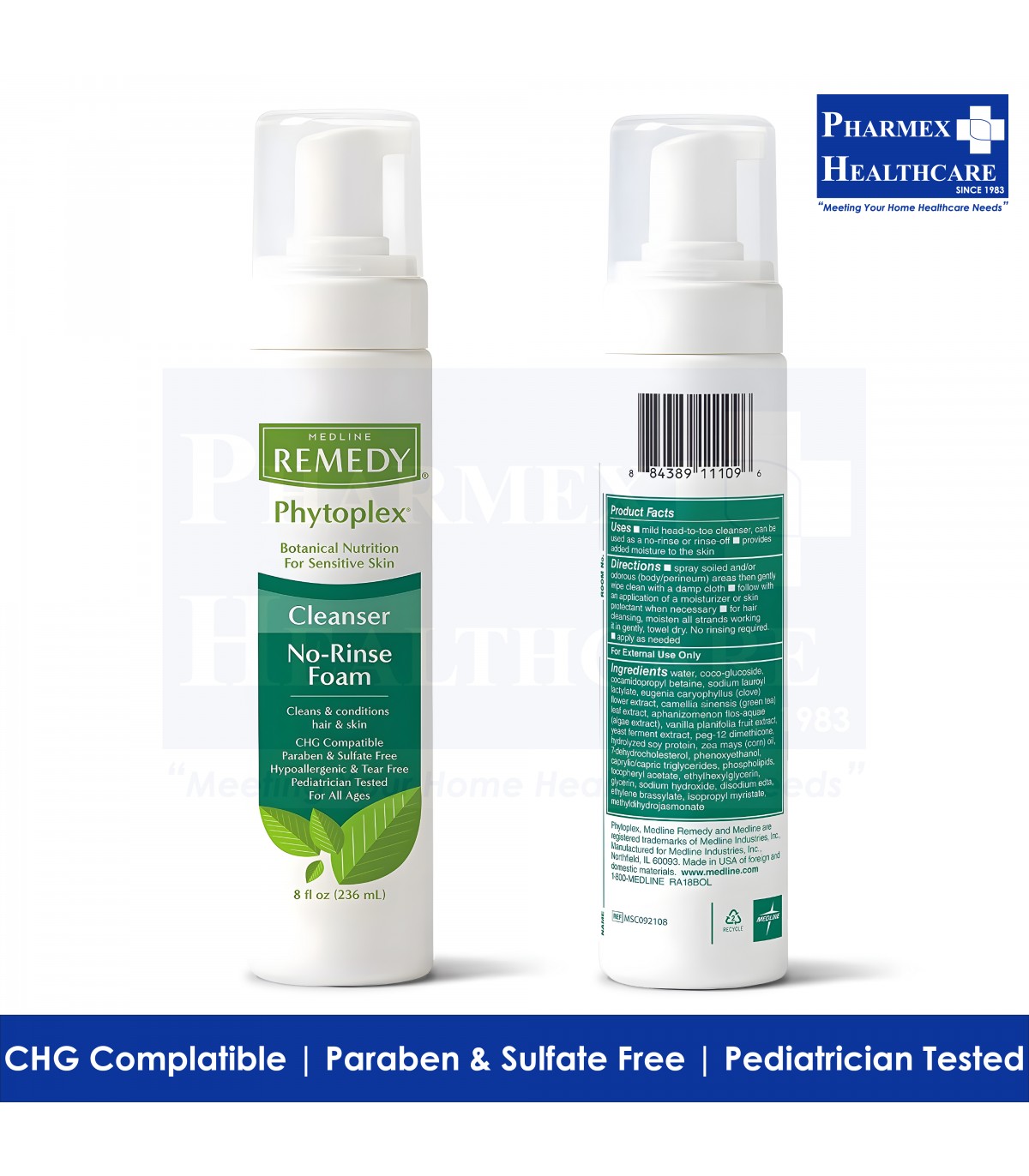 MEDLINE Remedy Phytoplex Hydrating No-Rinse Foam Cleanser Gentle Skin  and Hair Care Solution Pharmex Healthcare