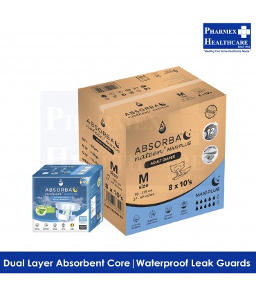 ABSORBA Nateen Maxi Plus Adult Diapers 10s, 8 Pkts/Carton (2 Available Sizes)