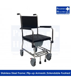 ASSURE REHAB Stainless Steel Commode -  Flip-up Armrest and Extendable Footrest (AR-0203)
