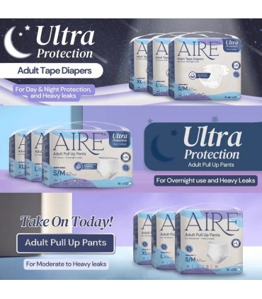 AIRE Ultra Protection Adult Tape Diapers (12 Bags/Ctn, 3 Available Sizes)