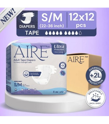 AIRE Ultra Protection Adult Tape Diapers (12 Bags/Ctn, 3 Available Sizes)