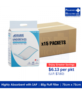 ASSURE Underpads with SAP, 75cm x 75cm, 80gm Fluff Filler, (10 Pcs/Pkt, 15 Pkts/Carton)