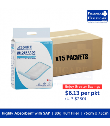 ASSURE Underpads with SAP, 75cm x 75cm, 80gm Fluff Filler, (10 Pcs/Pkt, 15 Pkts/Carton)