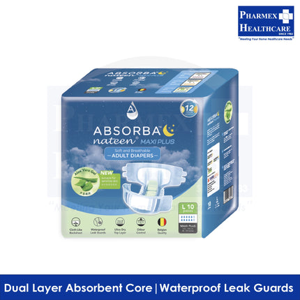 ABSORBA Nateen Maxi Plus Adult Diapers 10s, 8 Pkts/Carton (2 Available Sizes) - 3896-2