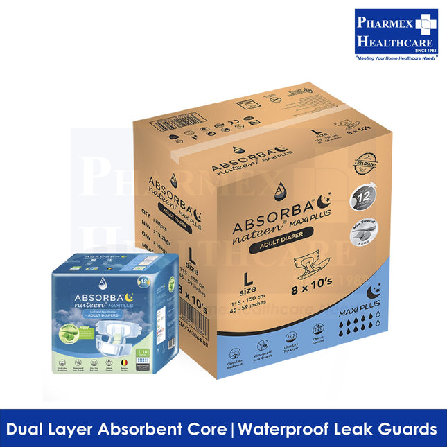 ABSORBA Nateen Maxi Plus Adult Diapers 10s, 8 Pkts/Carton (2 Available Sizes) - 3896